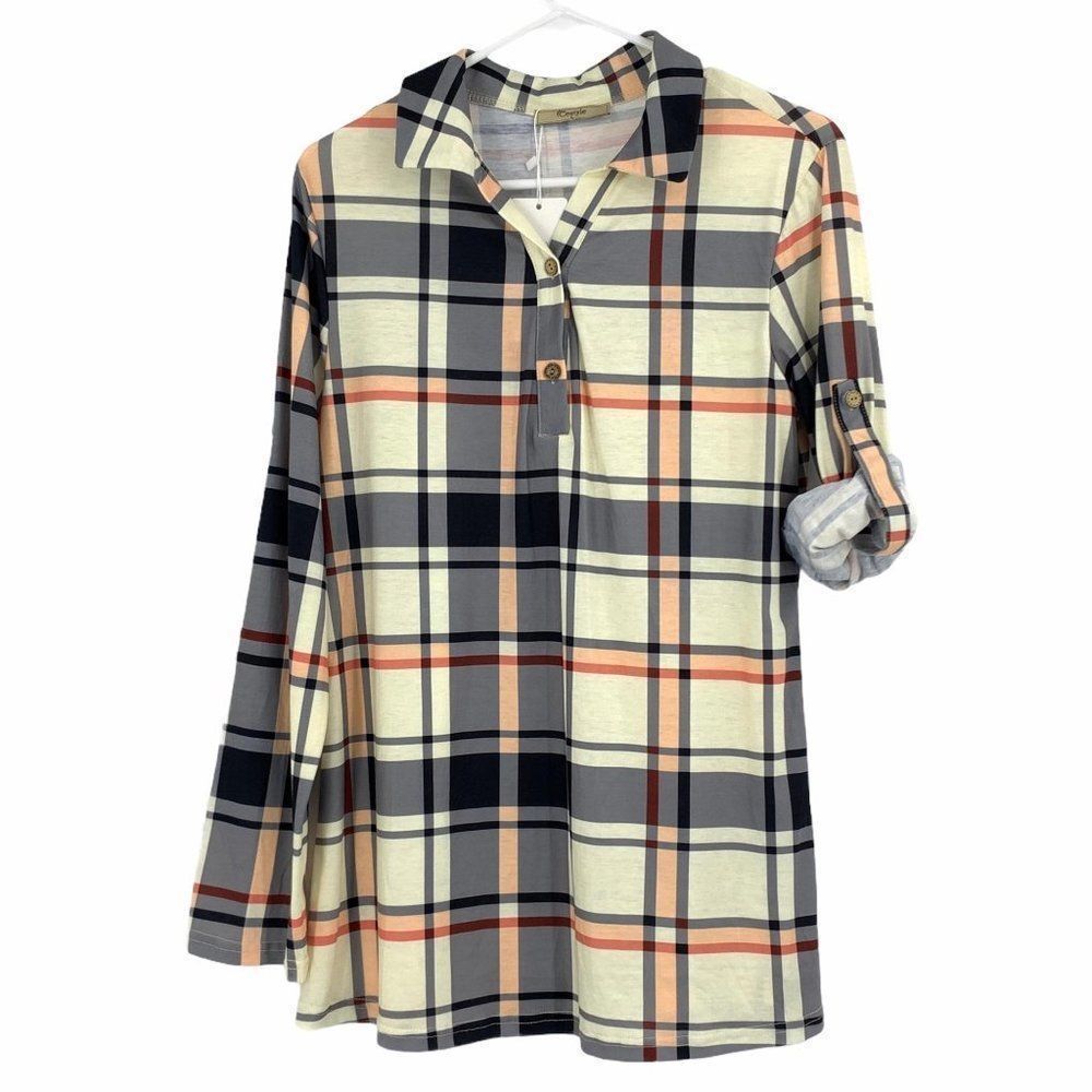 Womens Cestyle Plaid Blouse Large 9722 roll tab